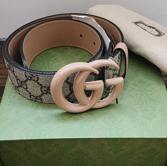 $599 Brand New Gucci GG Marmont Supreme Belt Canvas Nude 90/36 Enamel Buckle - Picture 6 of 8